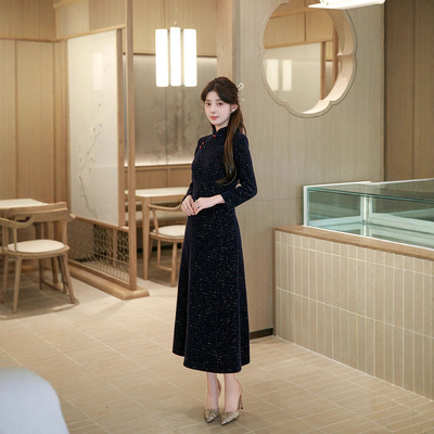 黑色手工改良旗袍秋冬款长款时尚显瘦复古高档连衣裙