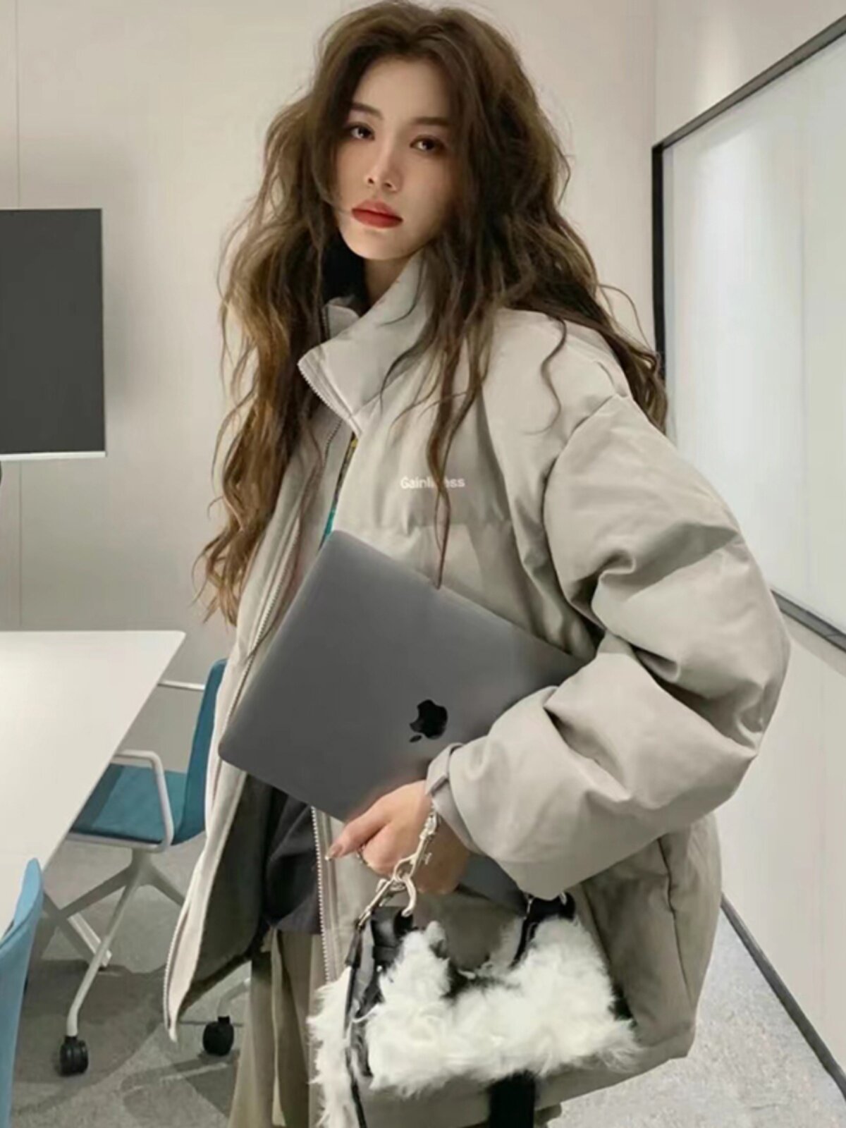 Gray wash-free PU leather white duck down jacket, short winter style for students, three-proof, warm, and puffer coat