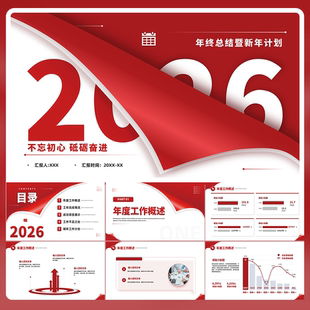 28页红色质感2026年简约风年终总结暨新年计划ppt模板年终总结工