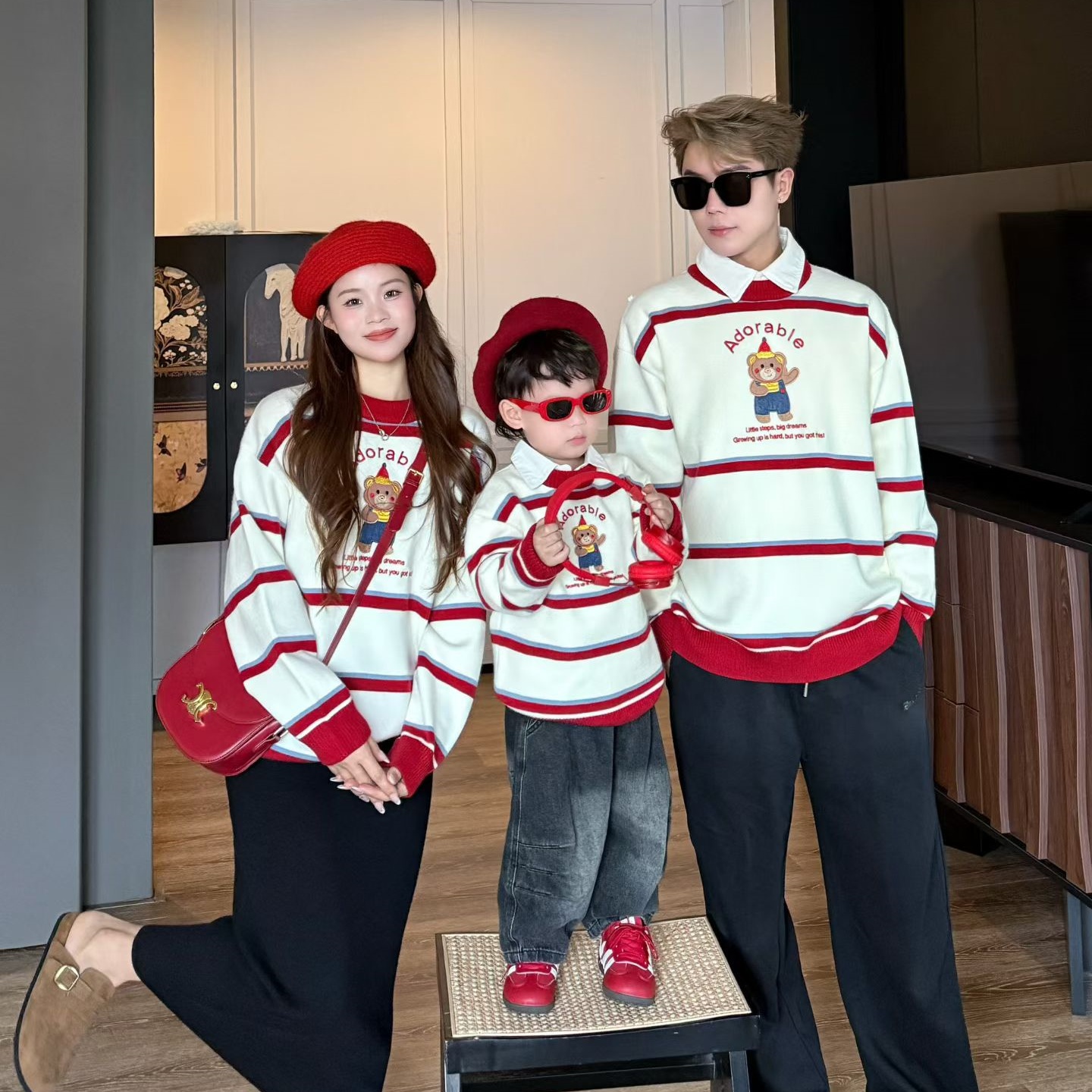 高端亲子装毛衣红色母女过拜年服