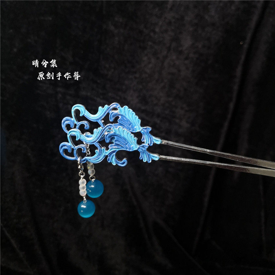 晴兮集 海浪簪宋明制原创步摇仿烧蓝仿点翠发簪古风盘发簪子旗袍