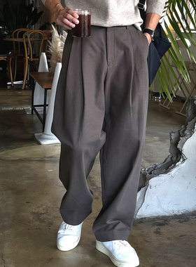 深灰色褶皱西裤男暗扣设计感卡扣长裤休闲百搭西服裤子阔腿西装裤