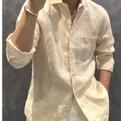 亚麻休闲工装 欧货纯色棉麻衬衫 防晒开衫 透气宽松长袖 衬衣潮 男薄款