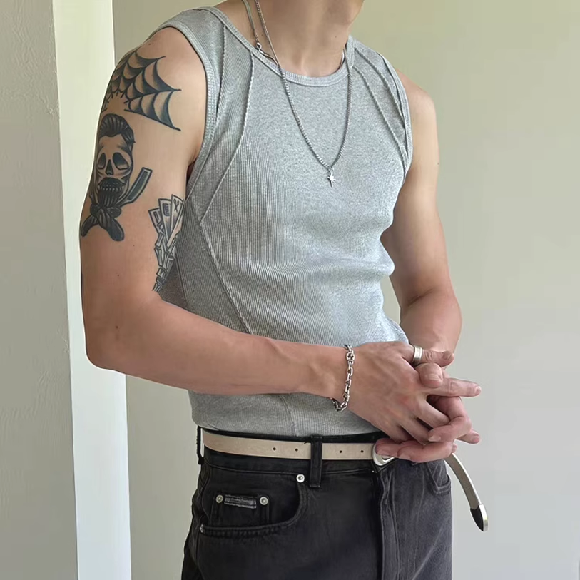 美式纯棉螺纹背心男明线拼接紧身弹力无袖t恤解构设计感坎肩马甲
