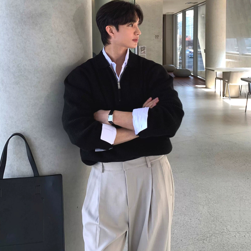 包芯纱针织Polo衫半拉链翻领长袖