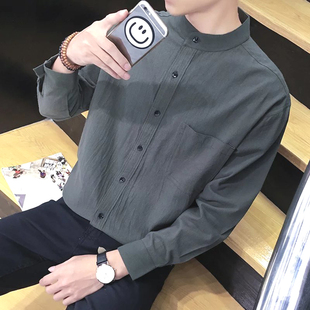 衬衣小清新寸衫 港风ins文艺男装 潮 男宽松亚麻棉立领长袖 棉麻衬衫
