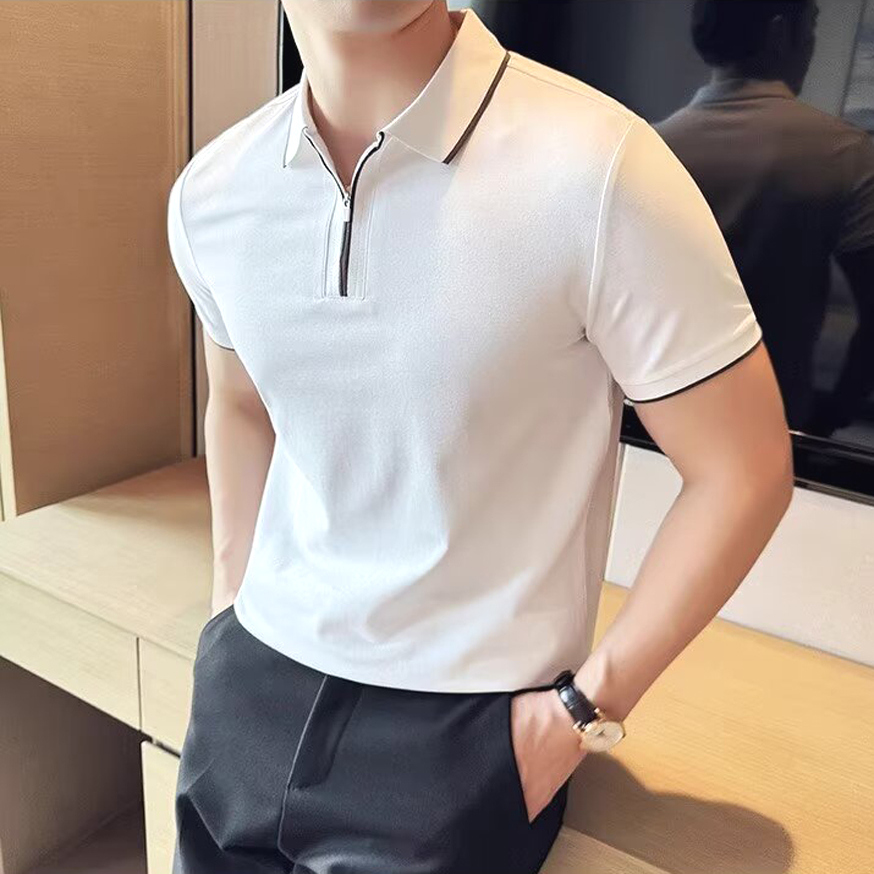 半拉链条纹polo衫男冰丝凉感修身短袖翻领工装t恤商务通勤保罗衫