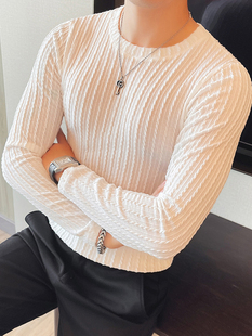 高级感提花针织衫 男潮质感修身 长袖 t恤轻熟风小领口坑条纹打底衫