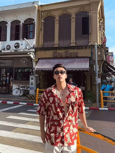 美式红色花衬衫男高街痞帅海岛度假风宽松短袖vintage冰丝衬衣潮