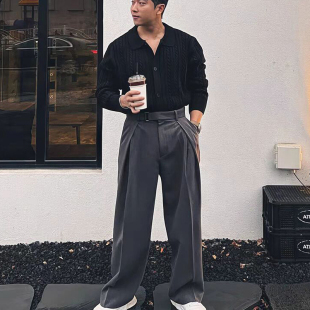巴黎扣腰带工装 裤 西裤 飘带设计感西装 潮 男高级感宽松直筒长裤 法式