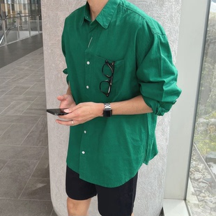 休闲工装 高级氛围感绿色衬衫 口袋款 开衫 衬衣潮 男纯棉透气宽松长袖
