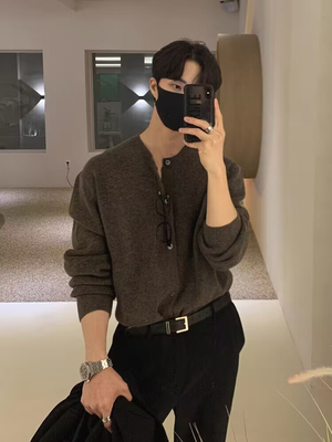 圆领针织开衫男高级感修身长袖