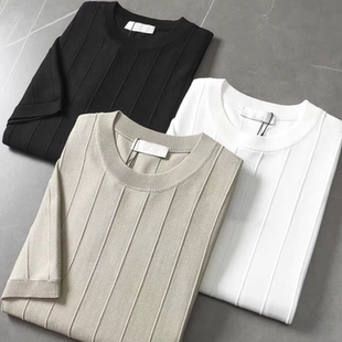 卫衣丝光冰爽丝线衣工装 短袖 t恤 男条纹修身 欧货凉感桑蚕丝针织衫