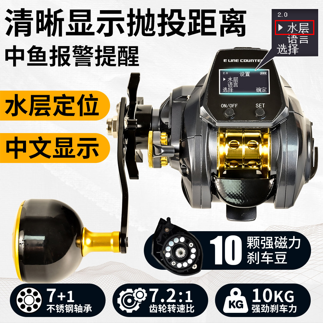 德岛同款数显水滴轮路亚带卸力大屏背光计数中鱼报警海钓筏钓轮