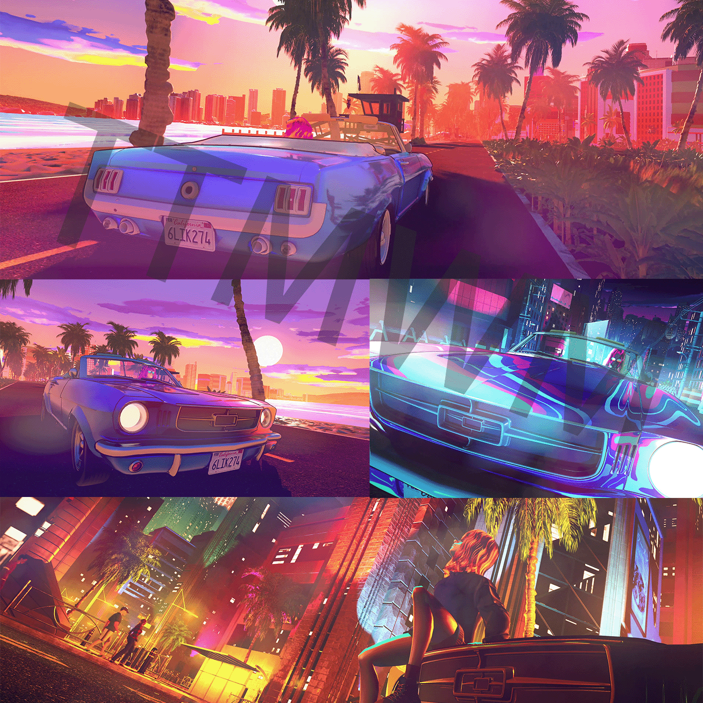 4个4K洛杉矶街头城市驾驶复古汽车LOFI舞台背景动态动画视频素材
