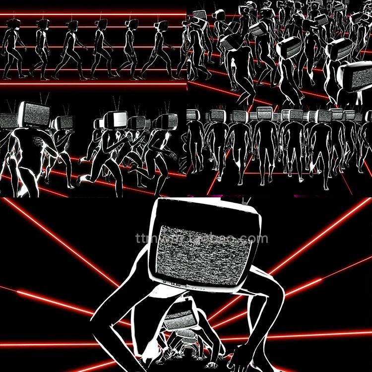 10个电视头人形队伍行走奔跑循环2d动画舞台背景视频素材vjloop