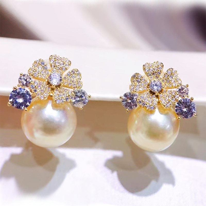 珍妮芙珠宝 正圆9-10南洋海水金珠耳钉925银活力花朵时尚珍珠耳饰