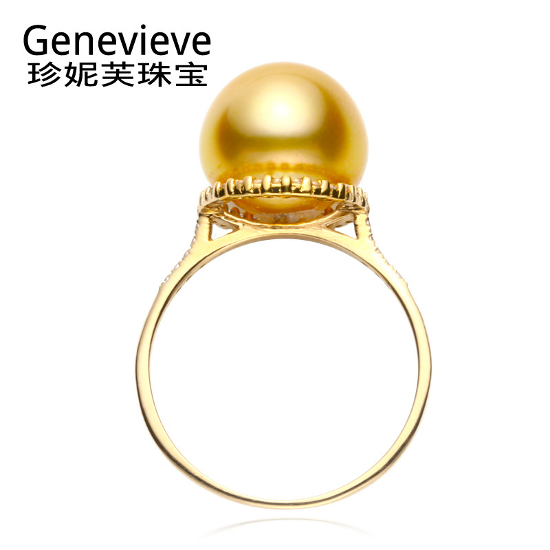 珍妮芙珠宝 强光10-11mm南洋金珠戒指18k 海水珍珠戒指指环女
