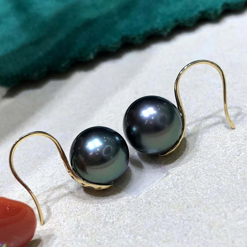 珍妮芙珠宝 正圆大溪地海水黑珍珠耳钩G18k金高跟鞋简约时尚耳饰