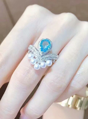 珍妮芙珠宝 正圆白色淡水小珍珠戒指 925银唯美皇冠V字蓝宝戒圈女