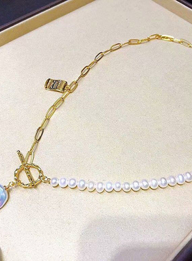 珍妮芙珠宝 近圆5-6mm白色淡水珍珠OT扣项链925银ins风巴洛克颈饰