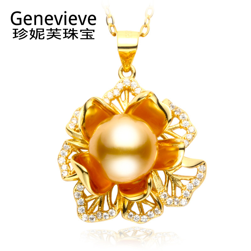 珍妮芙珠宝 10-11南洋金珠大溪地黑珍珠吊坠 花锁骨链项链女正品