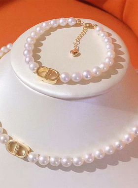 珍妮芙珠宝 7-8mm白色近圆淡水珍珠手链项链CD扣套装时尚婚庆礼物