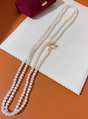 珍妮芙珠宝 4-5mm近圆白色淡水小珍珠长链OT扣简约秋冬长款毛衣链