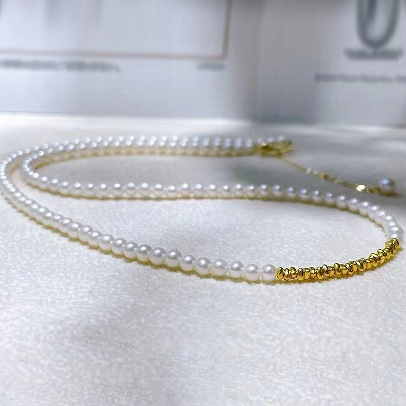 珍妮芙珠宝3-4mm白色淡水小珍珠项链足金串珠18k黄金尾扣调节长度