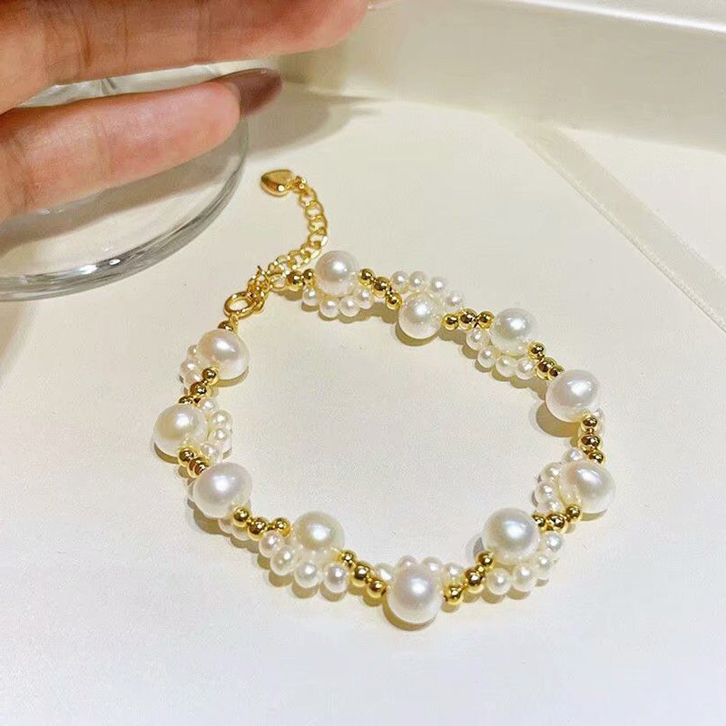 珍妮芙珠宝 近圆白色淡水珍珠手链 手工编织款清新甜美送女友礼物