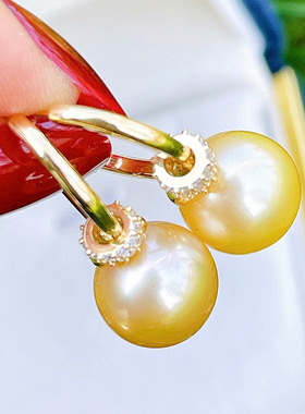 珍妮芙珠宝 正圆10-11南洋金珍珠耳环 925银浅浅暖阳金耳饰女