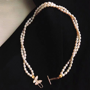 4mm小颗粒米形淡水珍珠OT扣双层项链强光锁骨链颈链 珍妮芙珠宝