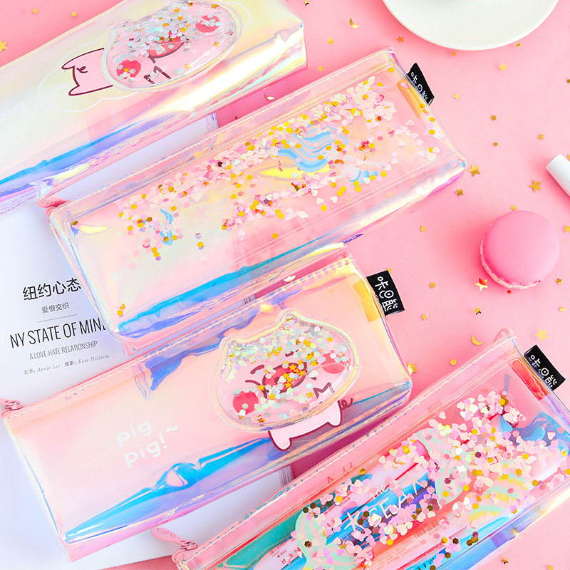 流沙笔袋可爱猪少女心入油流沙笔袋网红文具盒ins网红创意亮片透明