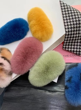 韩版真獭兔毛发夹ins毛毛发卡秋冬简约可爱皮草超大BB夹边夹发饰