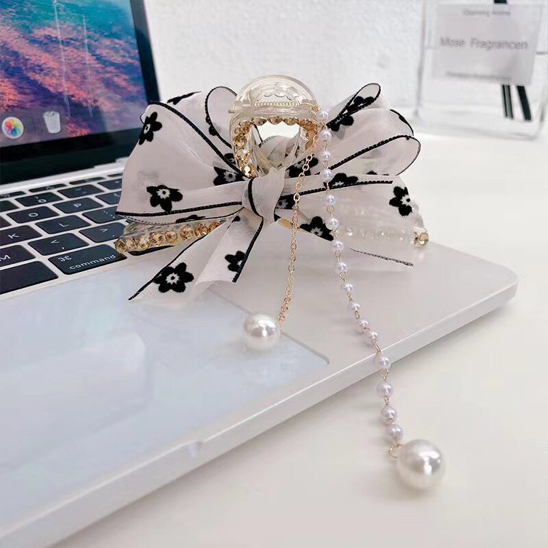 镶钻网纱流苏印花抓夹韩版蝴蝶结珍珠香槟色鲨鱼夹后脑勺发夹头饰