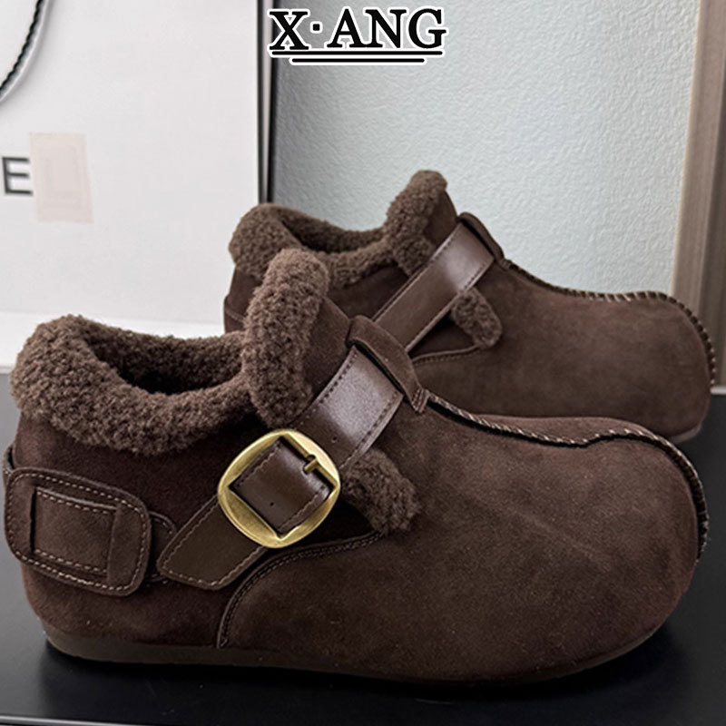 牛皮版全包内增高勃肯鞋女秋冬季加绒加厚保暖棉鞋羊羔毛毛鞋子女