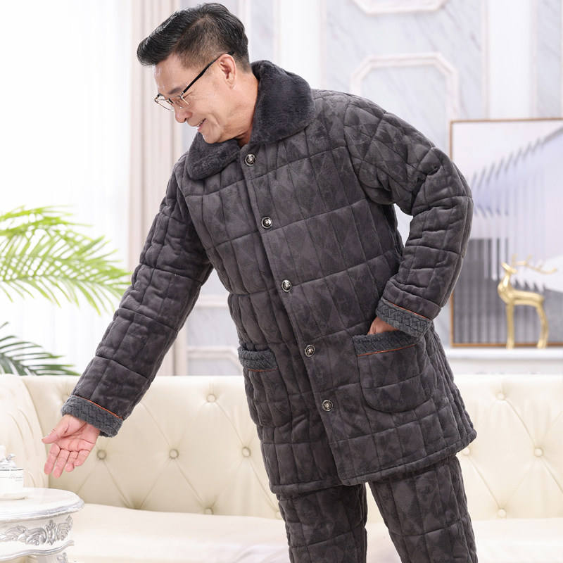 睡衣男士冬季中长加厚加绒夹棉中老年棉袄保暖外穿家居服爸爸套装