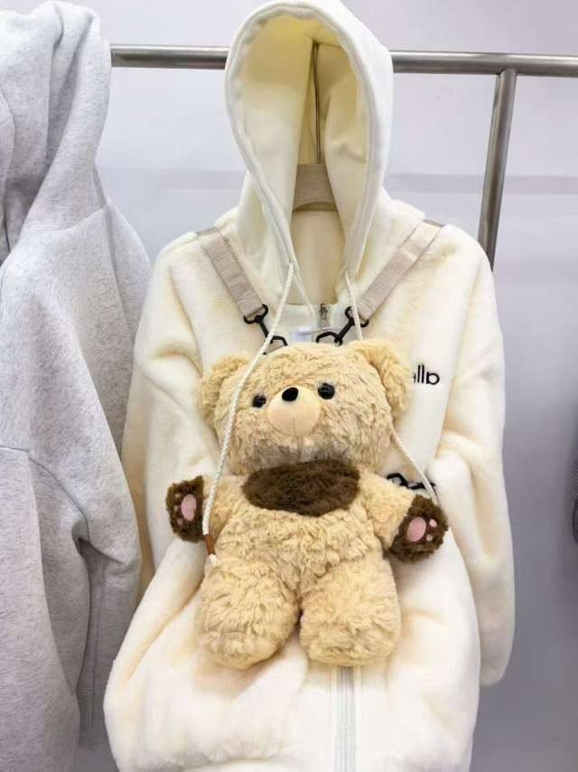 加绒双面穿卫衣女2025冬季新款韩版休闲宽松配公仔背包百搭外套潮