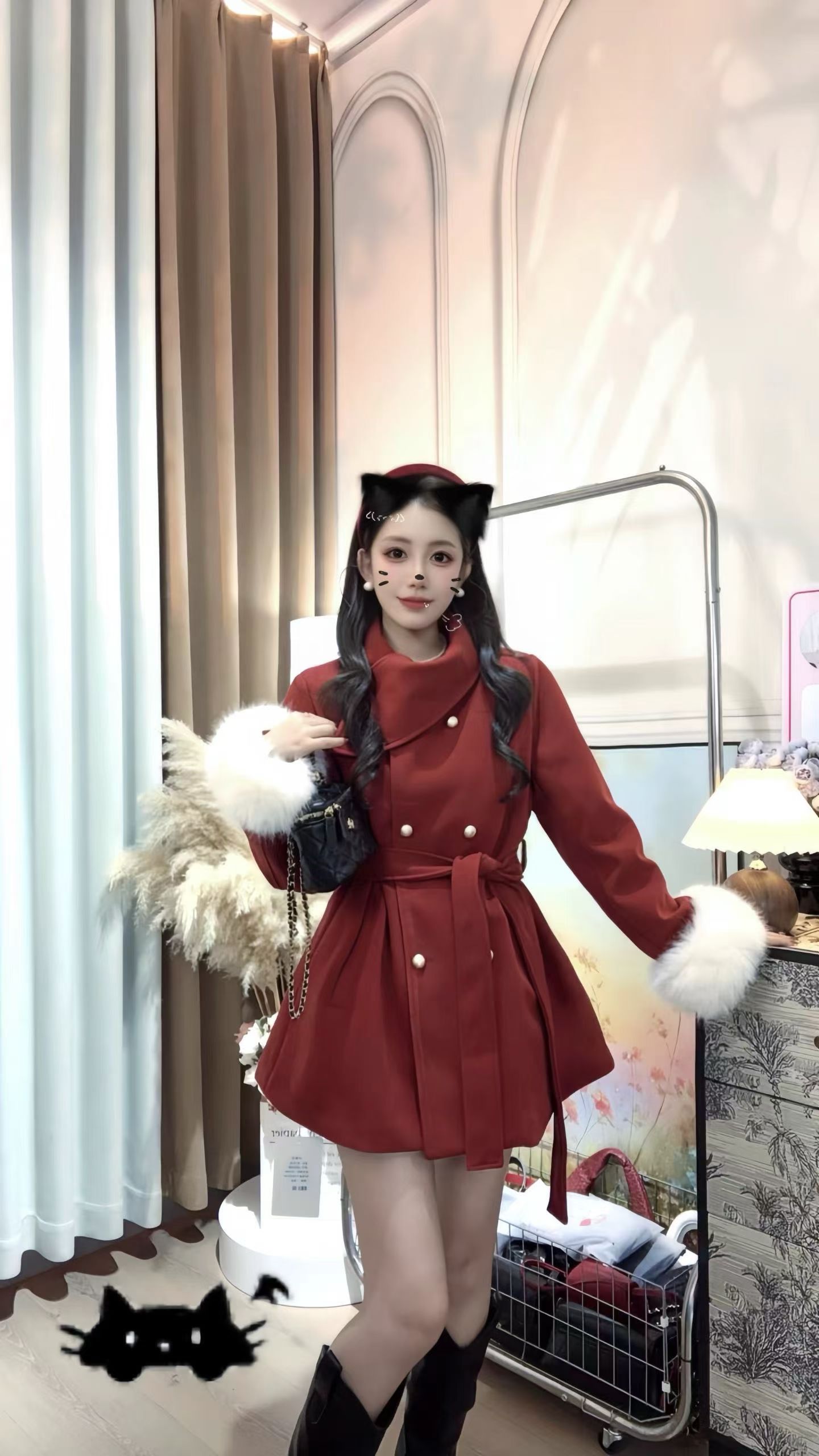 气质名媛毛呢外套女2025秋冬新款双排扣力狐狸毛袖口百搭时尚大衣