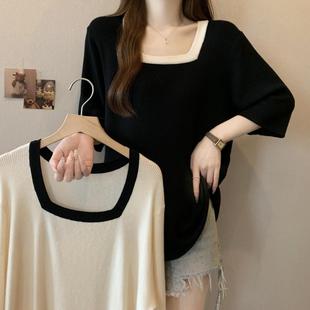 法式方领短袖T恤女夏季大码300斤胖mm显瘦中长款遮屁股打底衫上衣