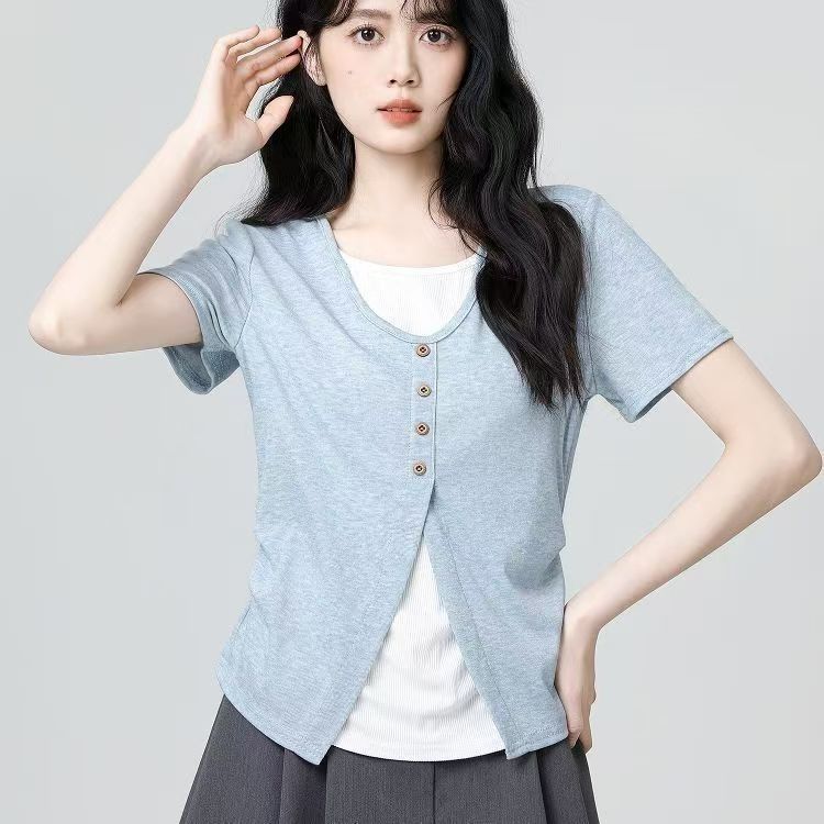2026假两件新款显瘦上衣蓝色收腰设计感女士夏季短袖正肩T恤大码