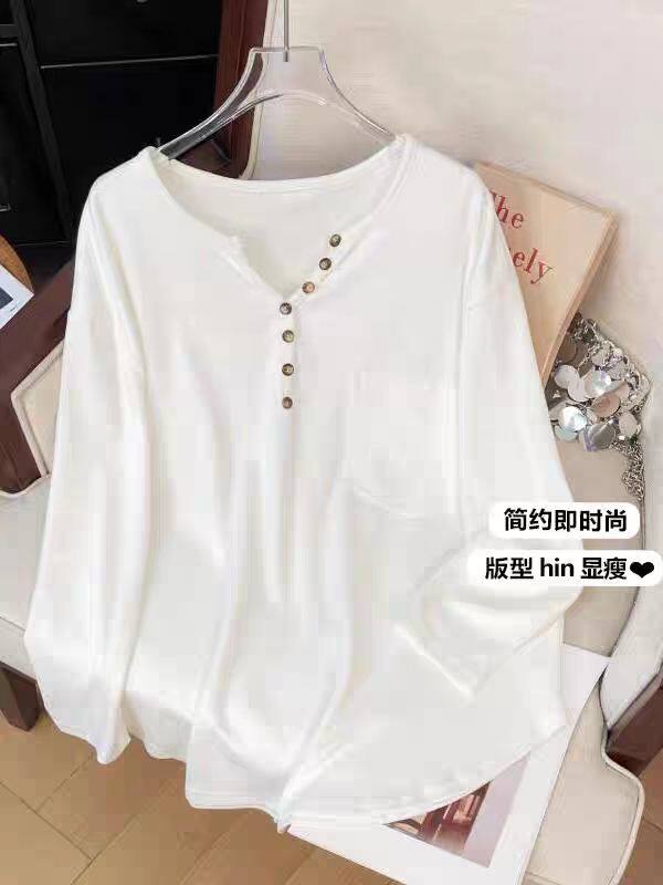 V领纽扣半开领长袖T恤春秋装大码女装胖mm中长款遮屁股打底衫上衣