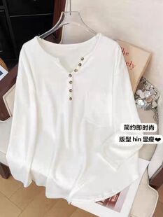 V领纽扣半开领长袖T恤春秋装大码女装胖mm中长款遮屁股打底衫上衣