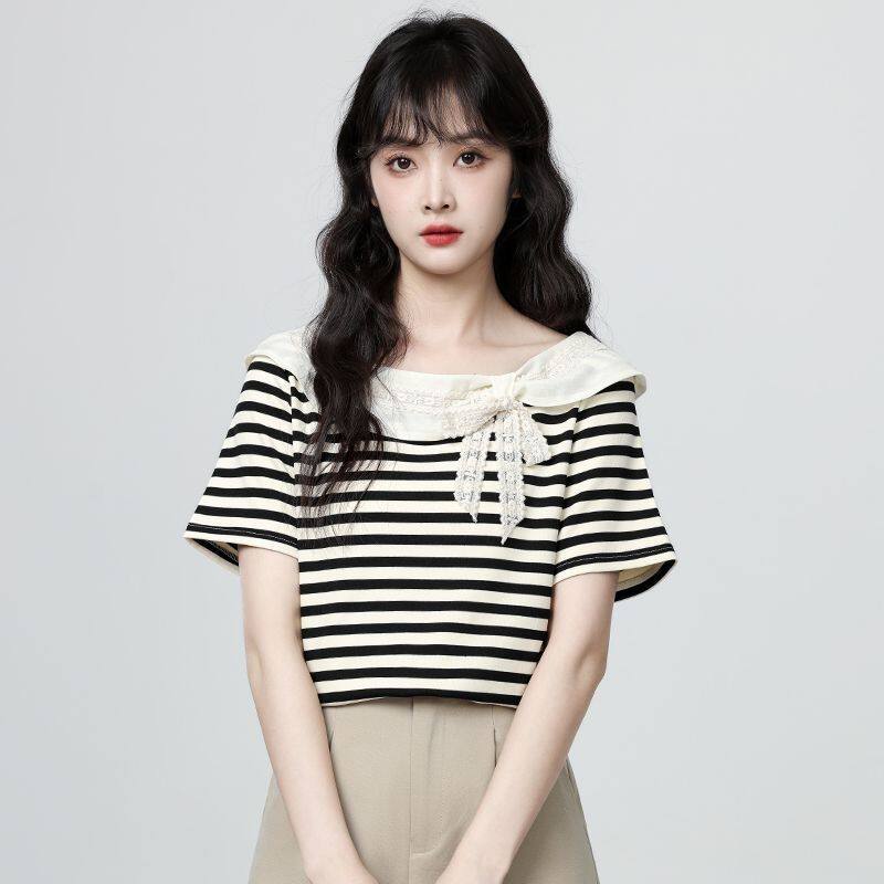 法式条纹短袖T恤女2026夏季新款设计感宽松体恤独特别致上衣大码