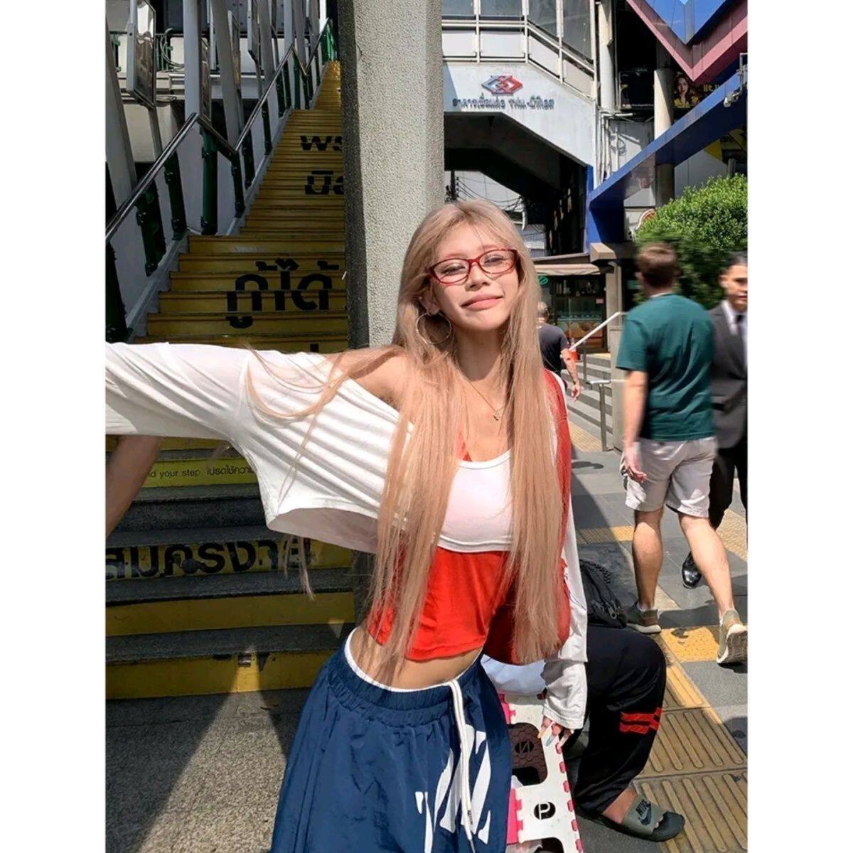 美式慵懒短款罩衫女夏宽松露脐辣妹防晒长袖T恤低胸口领上衣大码