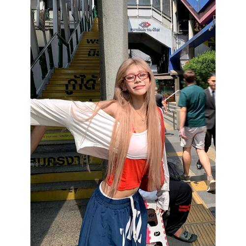 美式慵懒短款罩衫女夏宽松露脐辣妹防晒长袖T恤低胸口领上衣大码