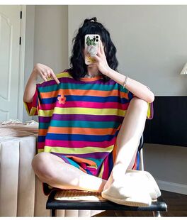 彩虹条纹睡衣女冰丝短袖短裤300斤大码宽松薄款套装可外穿家居服