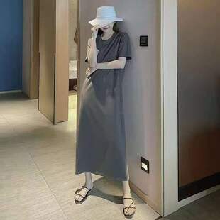 胖MM大码300斤宽松睡裙女夏短袖遮肚显瘦过膝纯色休闲家居可外穿