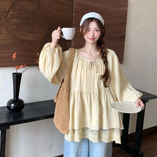 大码女法式绑带圆领蕾丝花边宽松长袖娃娃衫2025早秋新款显瘦上衣