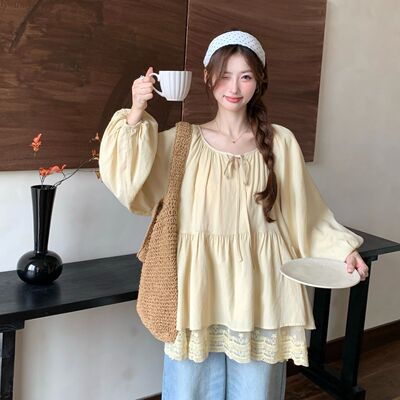 大码女法式绑带圆领蕾丝花边宽松长袖娃娃衫2025早秋新款显瘦上衣